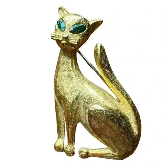 Vintage Jewelry - Cat with Green Eyes - Gold Tone 2”